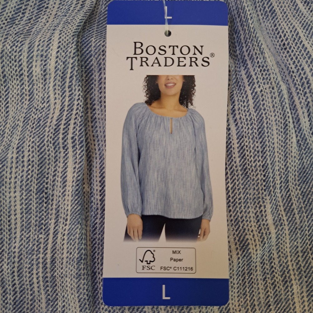 Boston Traders Peasant Blouse Womens Large Blue NWT Linen Blend Slub 1540-210